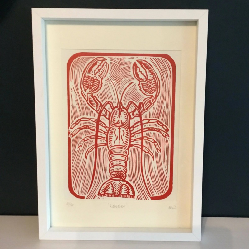 Lobster Framed Lino Cut Print|21/50 Red Lobster FRAME SIZE 23x32cm|12/50 Teal ink and white frame