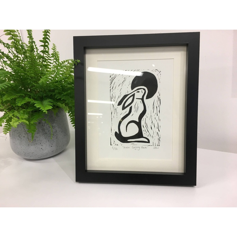 Moon Gazing Hare Framed Lino Cut Print