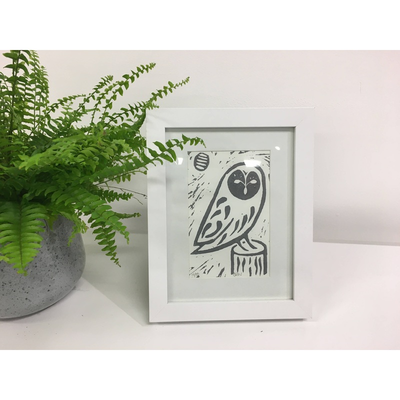Perching Owl Framed Lino Cut Print