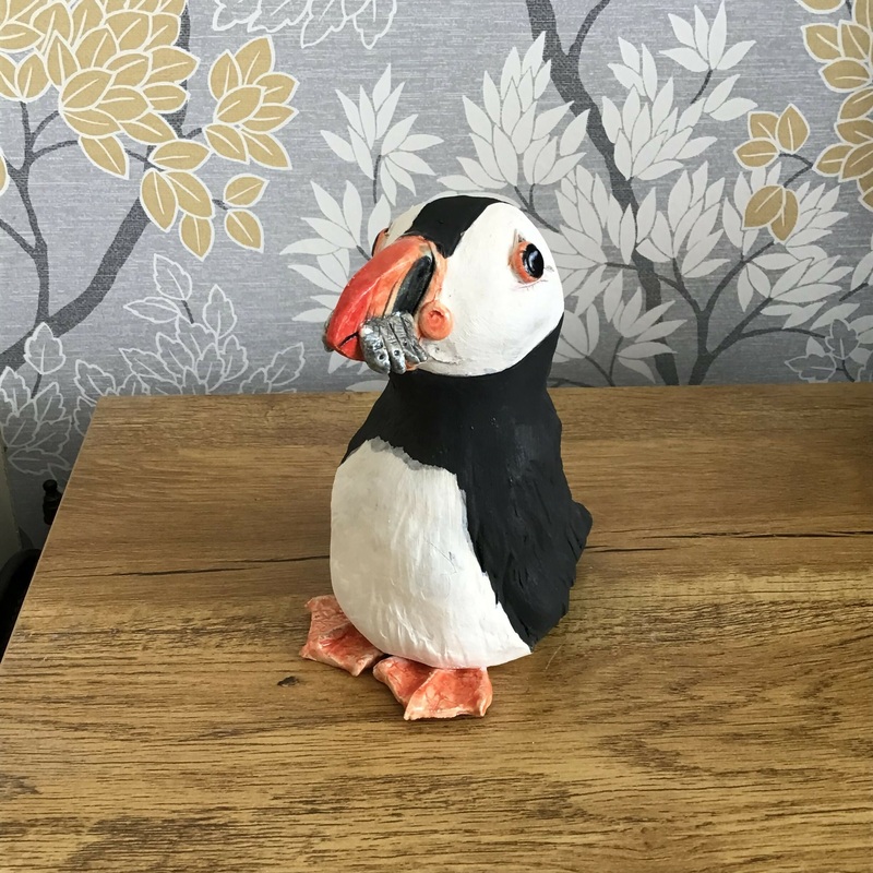 Puffin Sculpture with Fish|Small Puffin