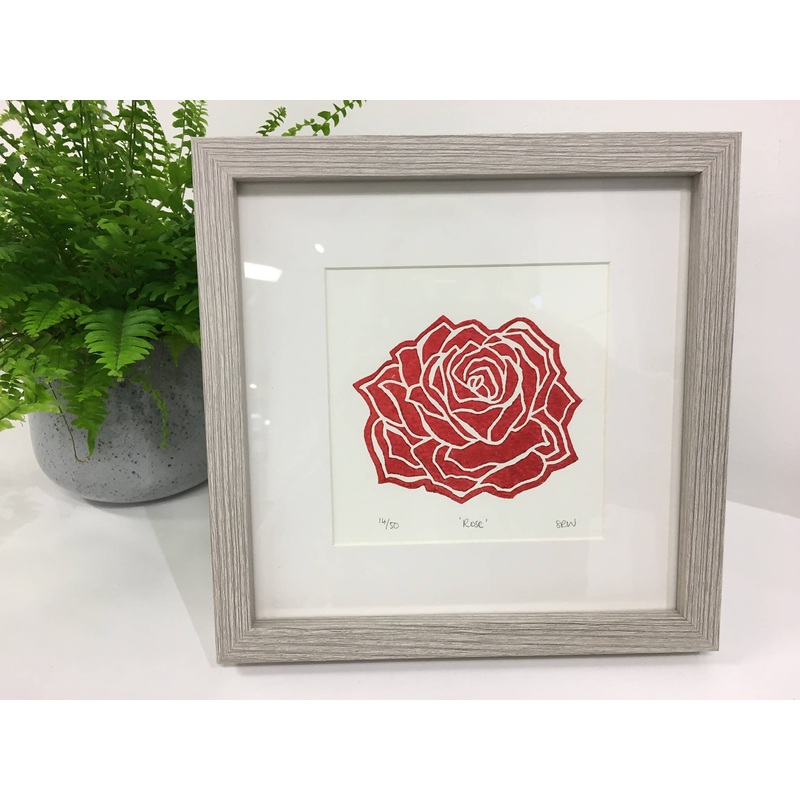 Rose Framed Lino Cut Print|Rose red ink grey frame 14/50