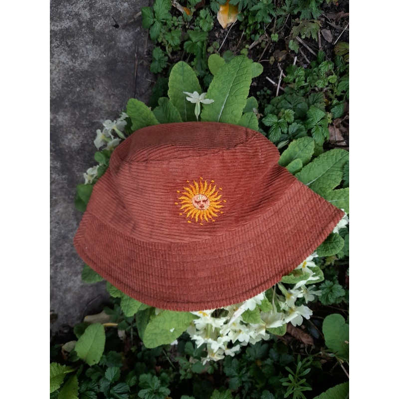 Sun Cord Rust Bucket Hat|Cord Bucket Hat Sun Embroidery in Rust Orange|Cord Bucket Hat Sun Embroidery in Black