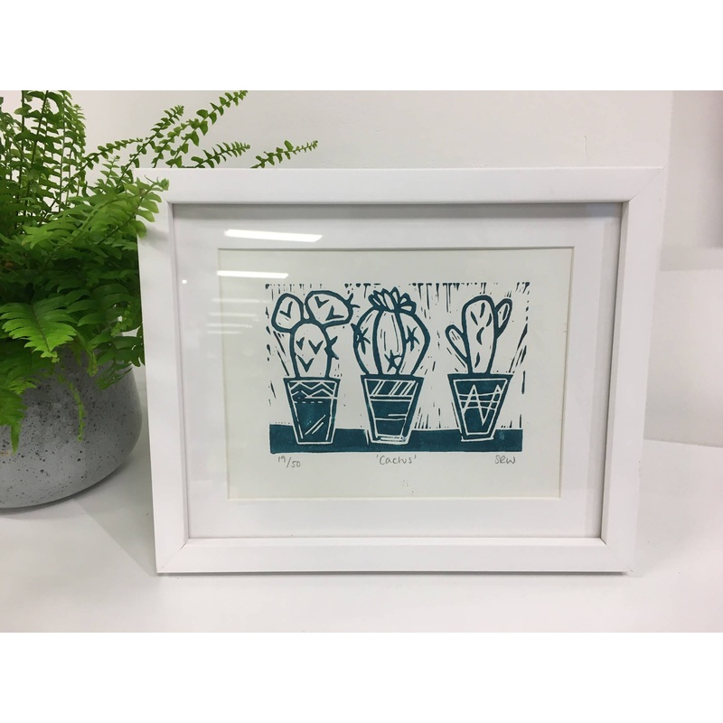 Three Cacti Framed Lino Cut Print