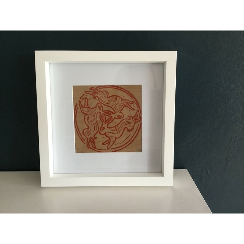 Three Hares Framed Lino Cut Print
