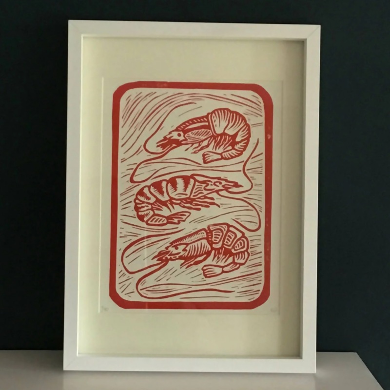 Three Shrimps Framed Lino Cut Print
