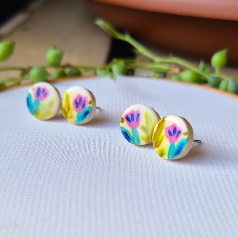 Tulip And Fern Hand Painted Stud Earrings