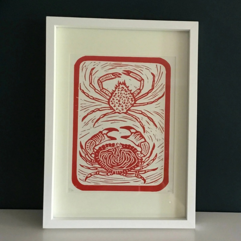 Two Crabs Framed Lino Cut Print