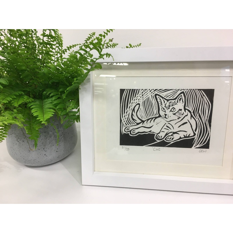 Watching Cat Framed Lino Cut Print