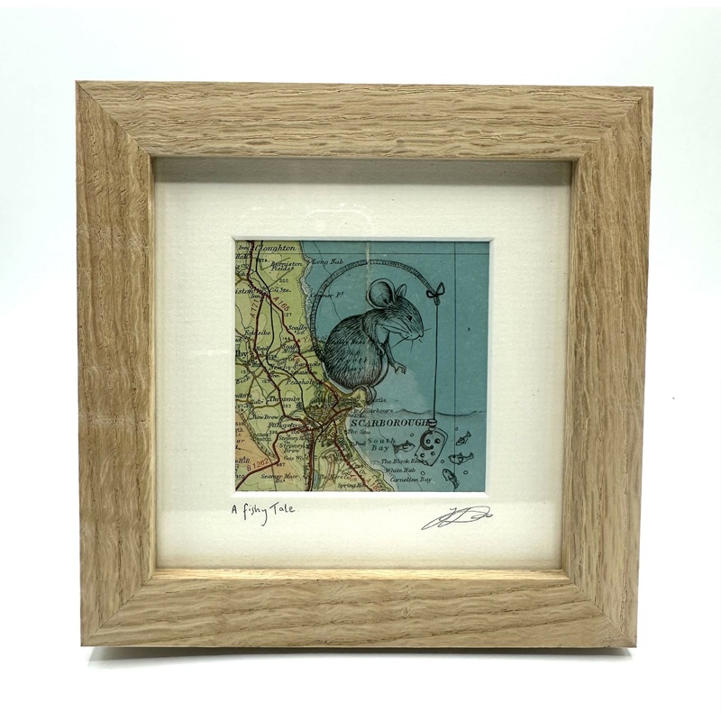 A Fishy Tale – Original pen drawing on vintage map ( Scarborough) by Jenny Davies