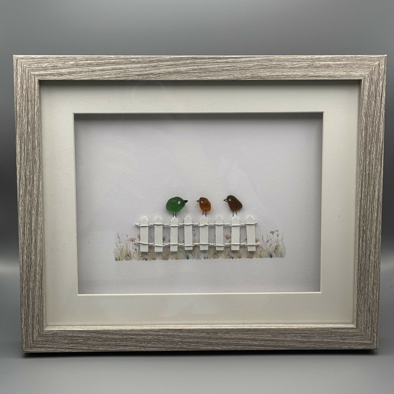 Birds on a Fence – Medium|Three Sea glass birds on a fence (894). Medium grey textured frame|Three Sea glass birds on a fence (x). Medium grey textured frame