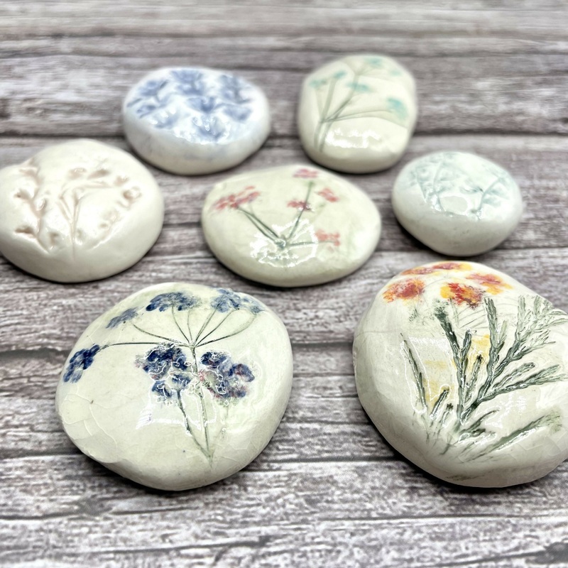 Botanical Ceramic Pebble  Handmade Keepsake with Pressed Flower Design