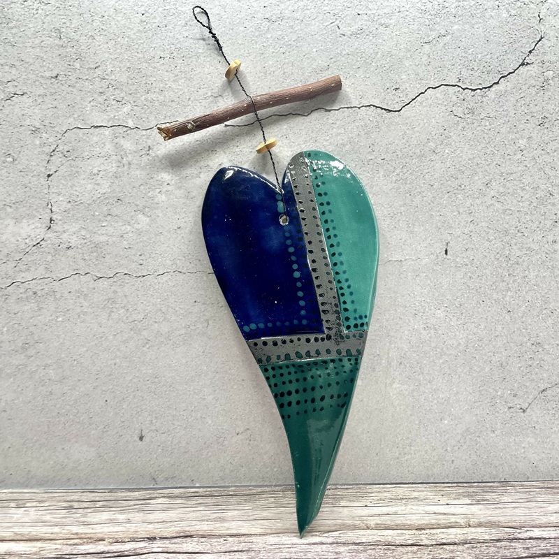 Ceramic Hanging Heart  Asymmetric Blue & Teal with Dotted Detail
