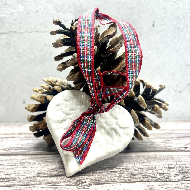 Ceramic Heart & Pine Cone Ornament  Embossed Lace with Red Tartan Ribbon