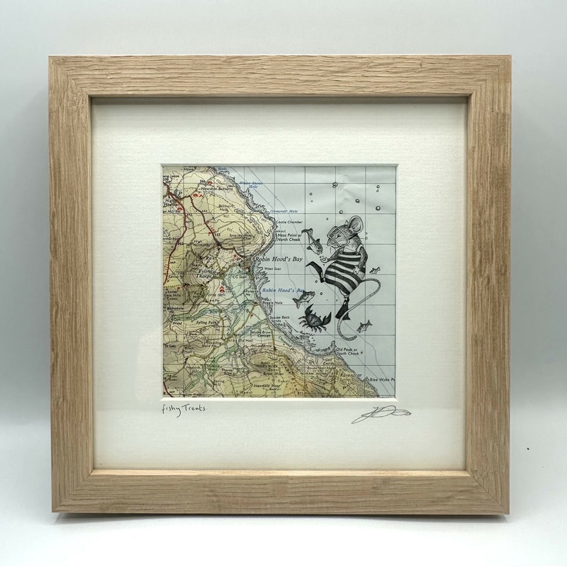 Fishy Treats – Original pen drawing on vintage map ( Robin Hoods Bay) by Jenny Davies