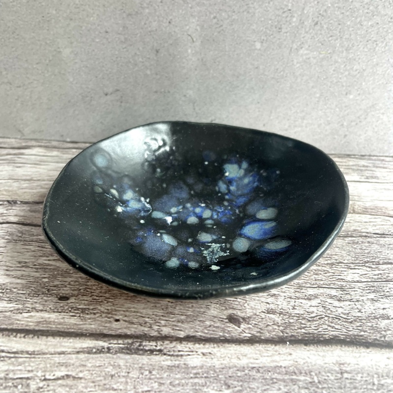 Galaxy-Inspired Trinket Dish  Handcrafted Black & Blue Ceramic