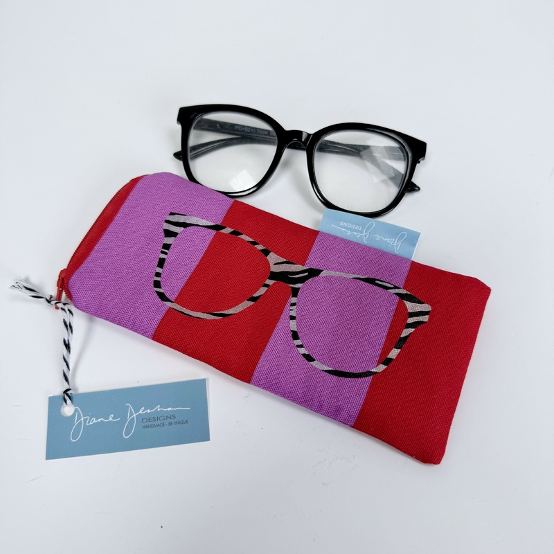 Glasses Case – Red and Lilac Bold Stripe with Metallic Animal Print
