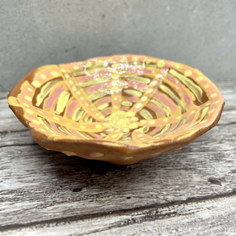 Hand-Painted Terracotta Trinket Dish  Yellow & Pink Mandala Inspired Design