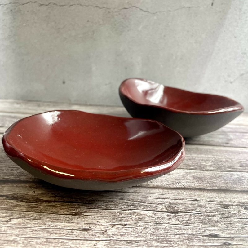 Handcrafted Deep Red Ceramic Dishes  Organic Shape Serving Bowls