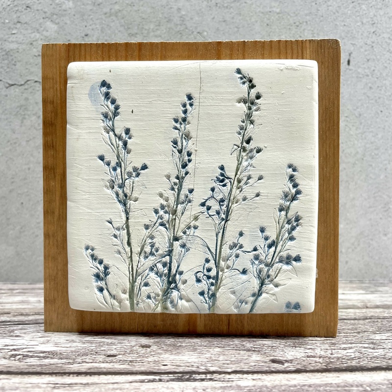 Handmade Botanical Clay Tile Art  Pressed Wildflower on Wood Mount