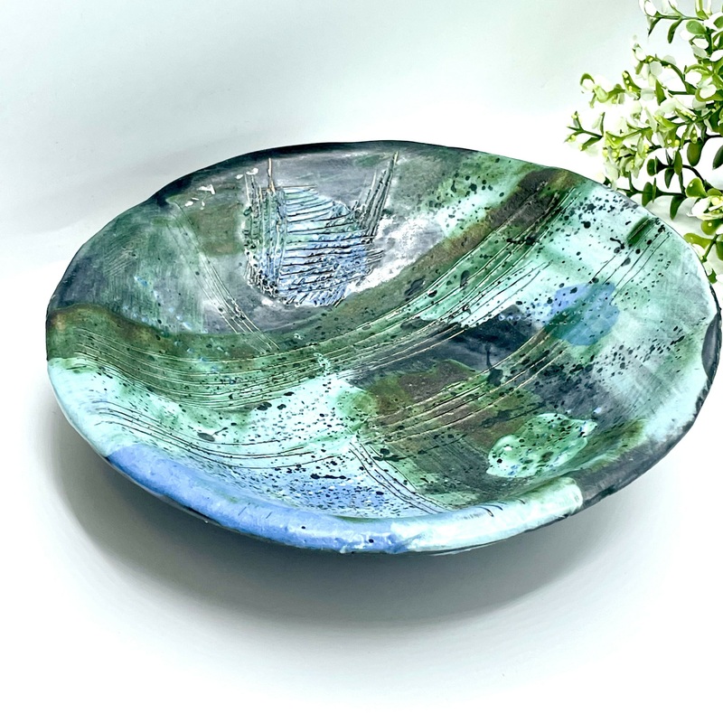 Handmade Ceramic Art Bowl  Abstract Green & Blue Glaze