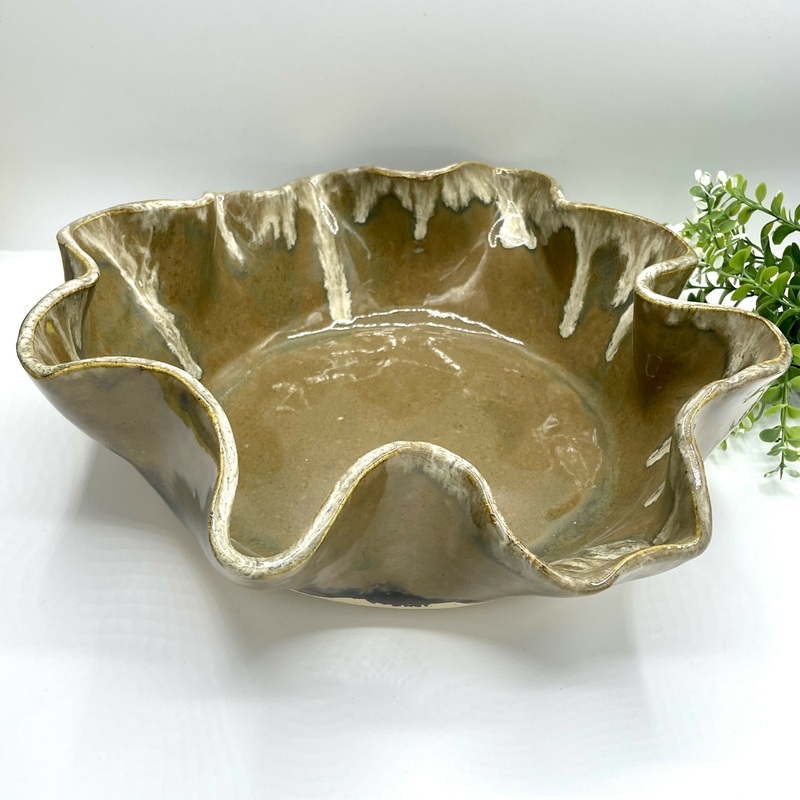 Handmade Ceramic Bowl  Sculpted Ruffle Rim in Warm Earth Tones