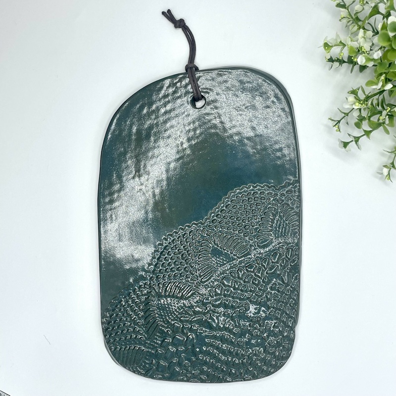 Handmade Ceramic Cheese Board  Teal Glaze with Lace Detail