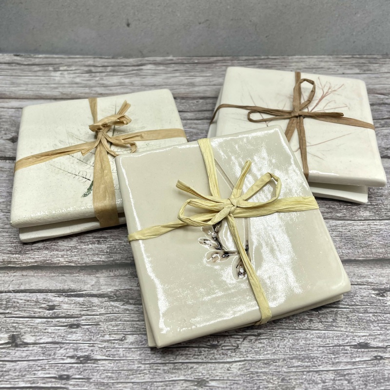 Handmade Ceramic Coaster Duo Set  Botanical Inspired with Gift Wrap