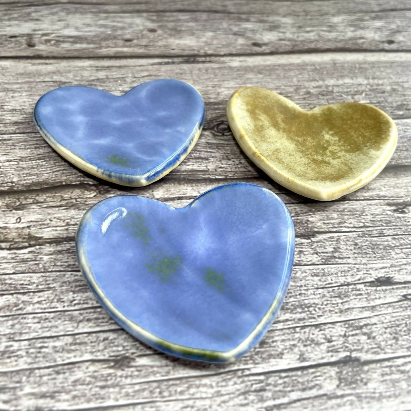 Handmade Ceramic Heart Dishes  Blue & Ochre Glazed Trinket Trays