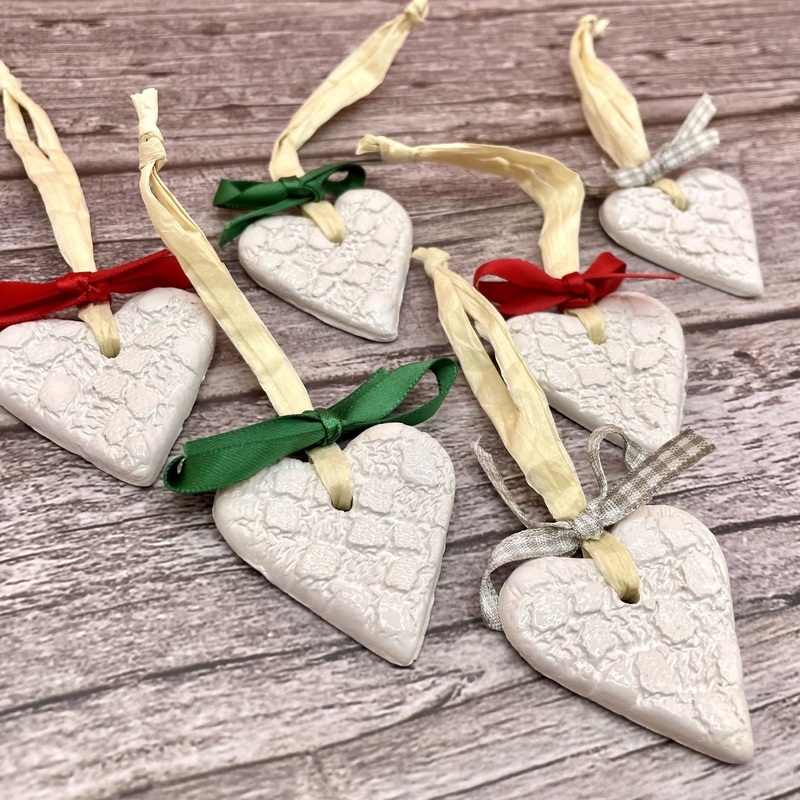 Handmade Ceramic Heart Ornaments  Lace Texture with Ribbon Bows