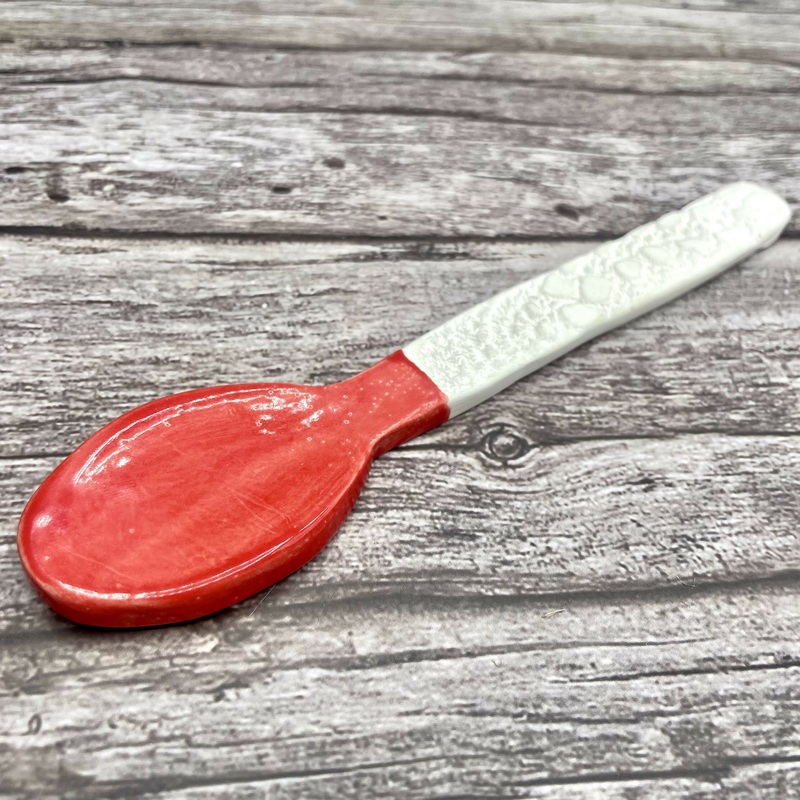 Handmade Ceramic Spoon  Red Glazed Bowl with Textured Handle