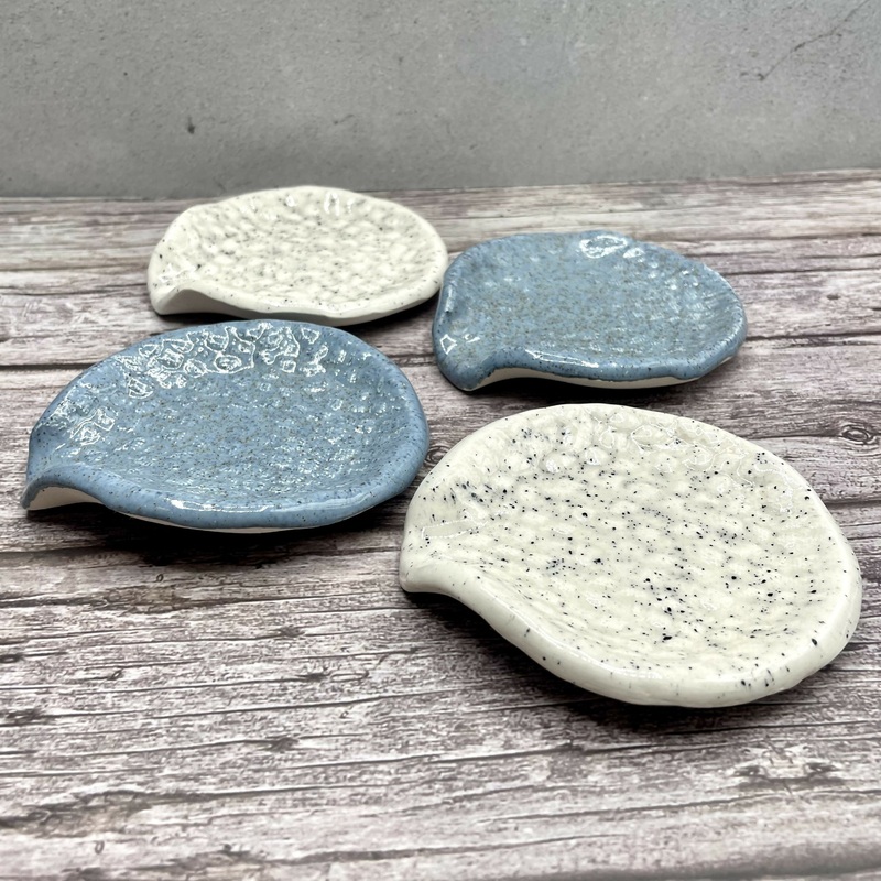 Handmade Ceramic Spoon Rests  Blue & Speckled White Set