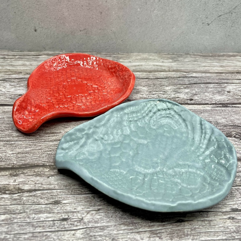 Handmade Ceramic Spoon Rests|Coral Red|Seafoam