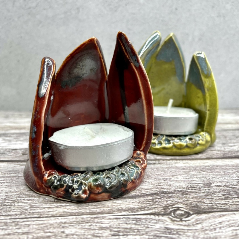 Handmade Ceramic Tealight Holder  Leaf Flame Design
