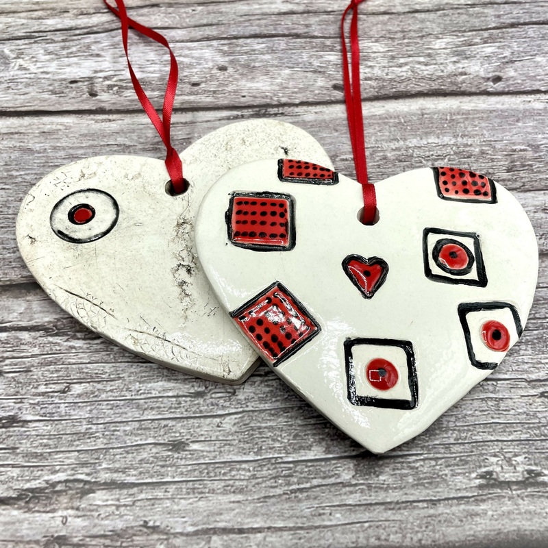 Handmade Hanging Ceramic Heart  Bold Red & Black Geometric Design
