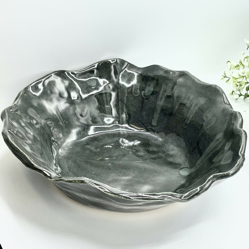 Handmade Sculpted Ceramic Bowl  Glossy Charcoal Black