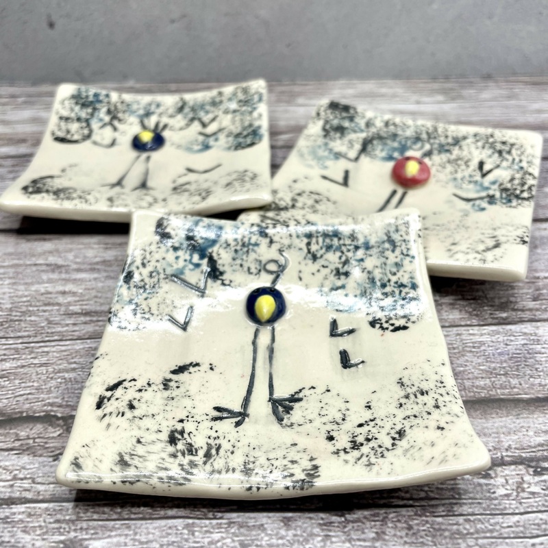 Handmade Square Ceramic Dish  Abstract Bird Design