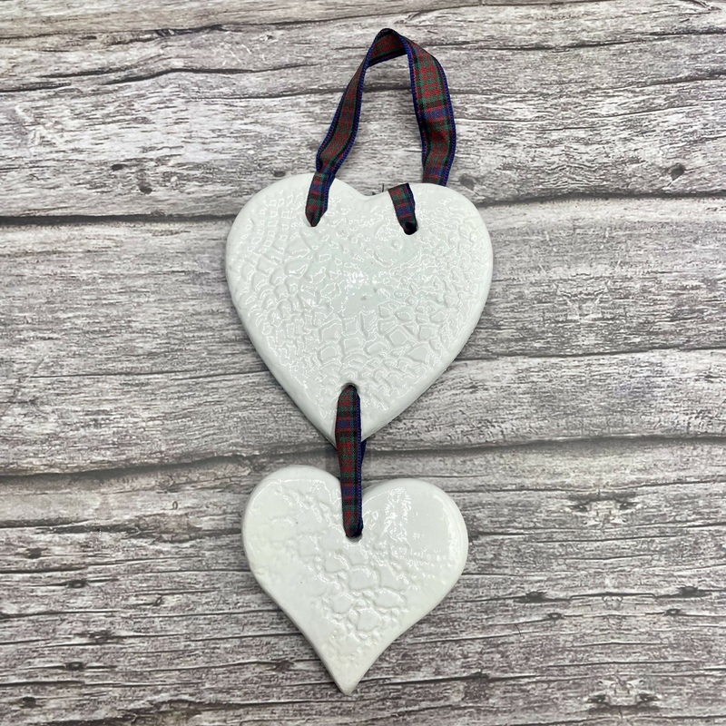 Hanging Ceramic Hearts  Embossed Lace with Tartan Ribbon