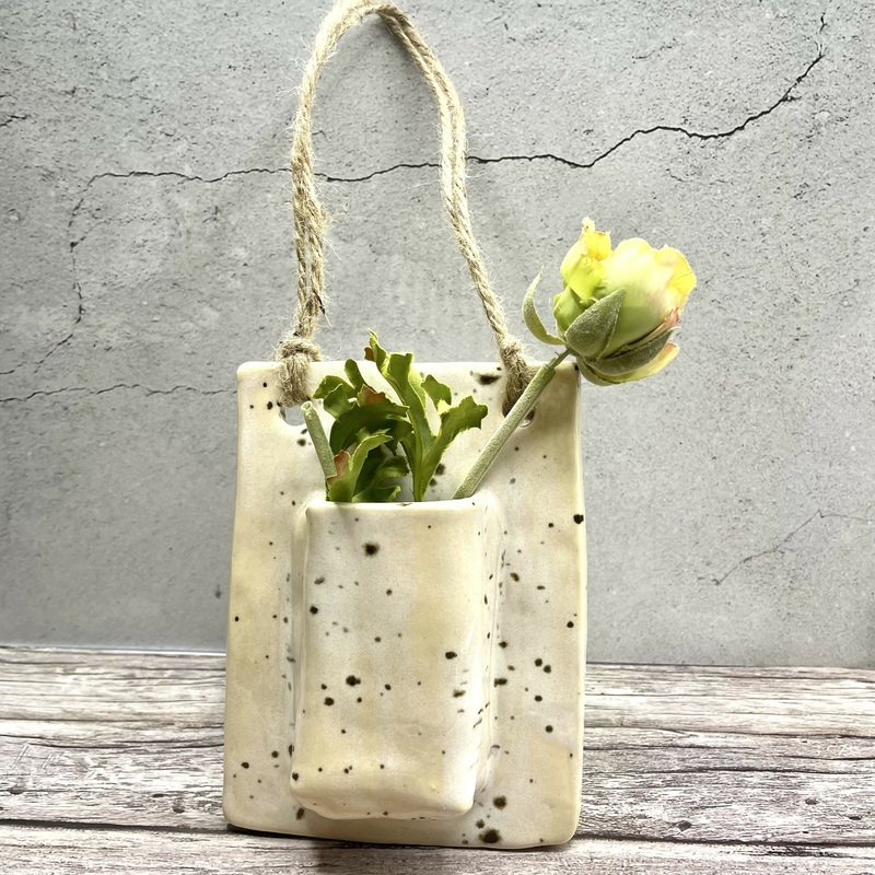 Hanging Ceramic Wall Vase  Handmade Speckled Stoneware with Jute Cord