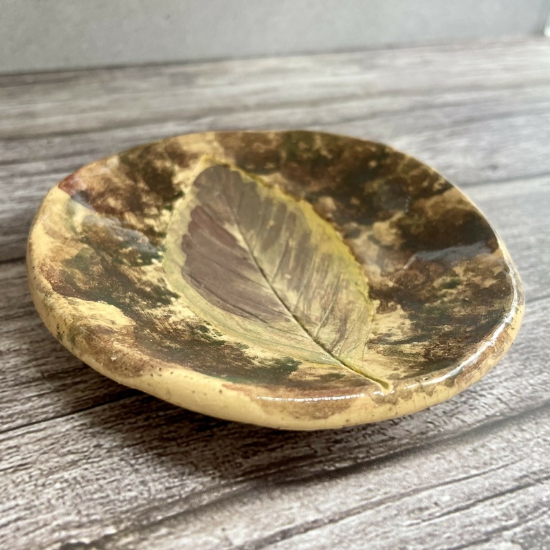 Leaf-Print Ceramic Trinket Dish  Earthy Woodland Tones