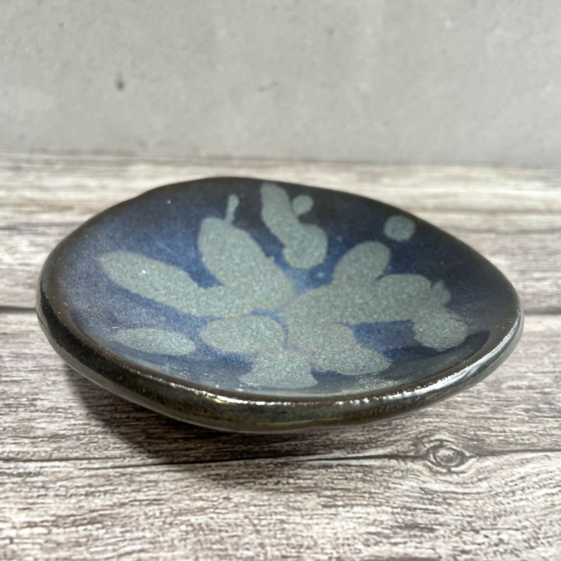 Mini Ceramic Dish  Midnight Blue with Soft Green Glaze Bloom
