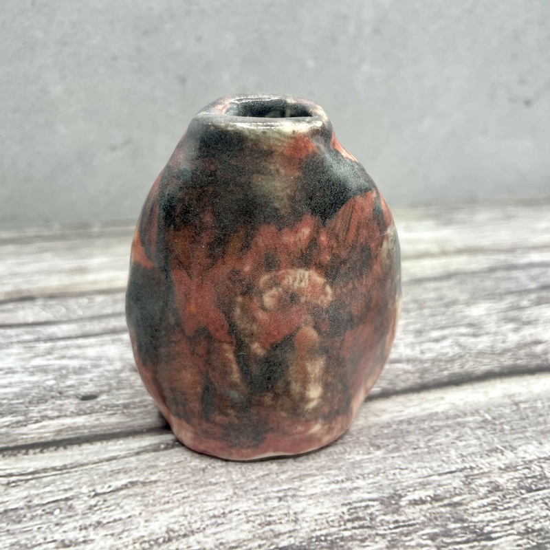 Mini Raku Ceramic Vase  Smoky Red and Black Burnished Finish