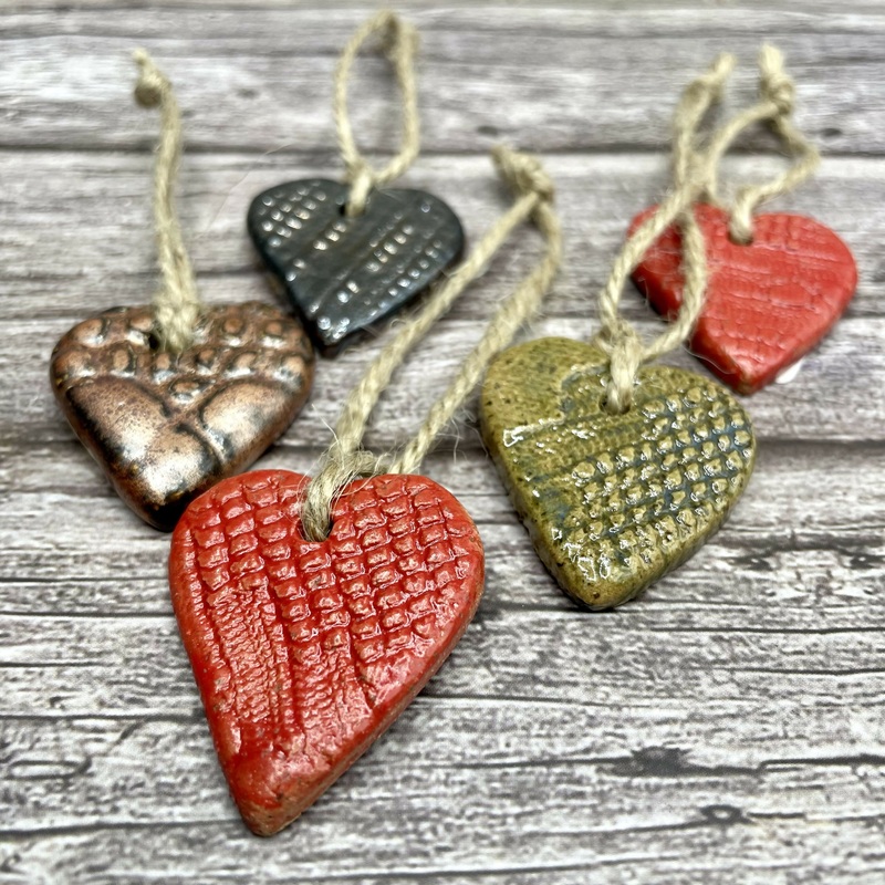 Mini Textured Ceramic Heart Hangers  Rustic Glazed Finish with Jute String