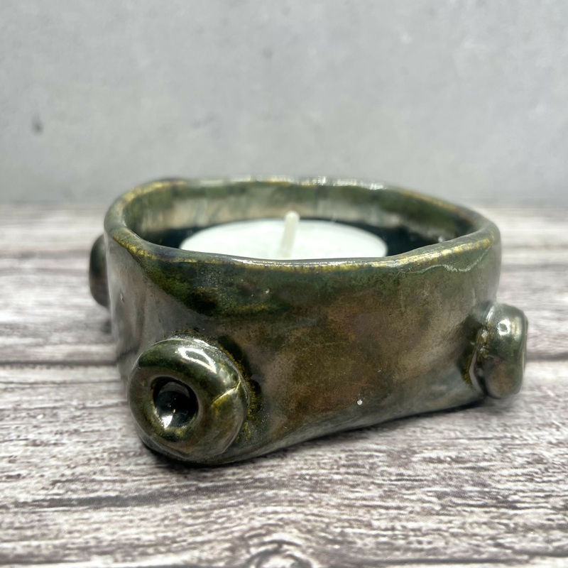 Rustic Green Ceramic Tealight Holder  Hand-built with Scroll Detail