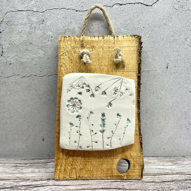 Rustic Wood & Ceramic Wall Art  Pressed Floral Tile on Wooden Board