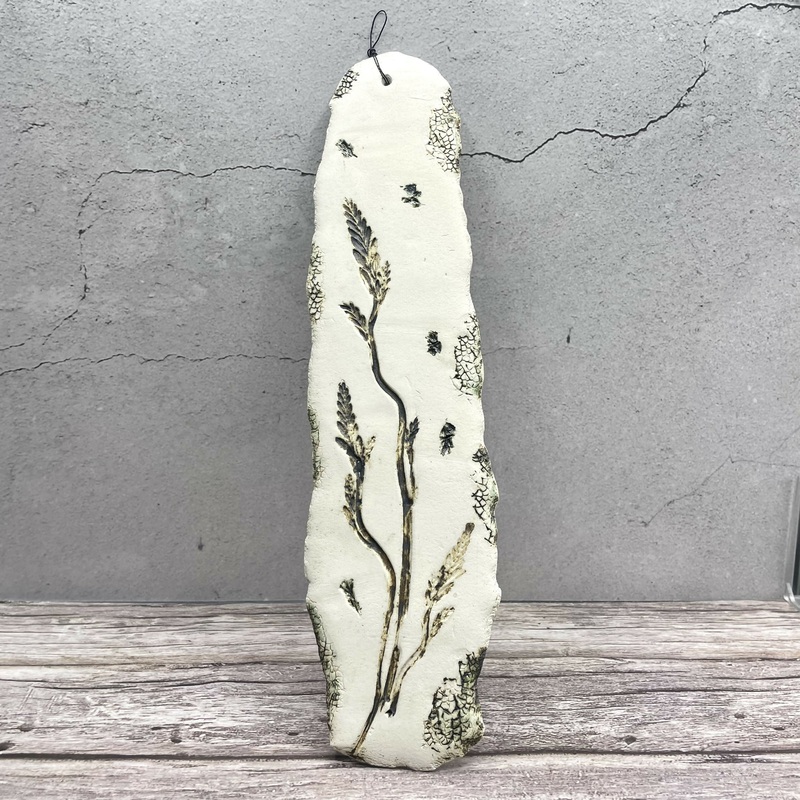 Tall Botanical Clay Wall Hanging  Pressed Meadow Grass on Textured Ceramic