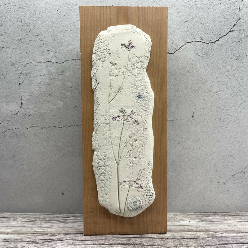 Tall Botanical Clay Wall Tile  Hand-Pressed Wildflowers on Rustic Wood Panel