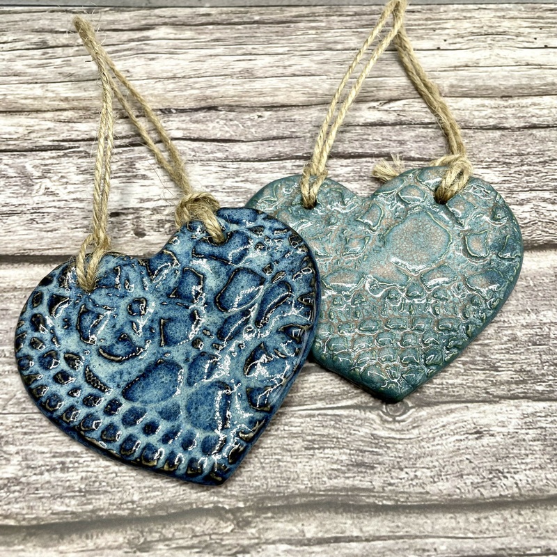 Textured Ceramic Heart Hanging  Ocean Blues with Rustic Jute String