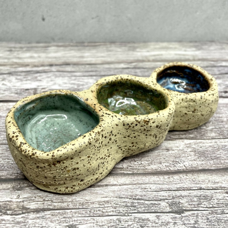 Triple Ceramic Pinch Pot  Rustic Stoneware Dish with Glazed Wells