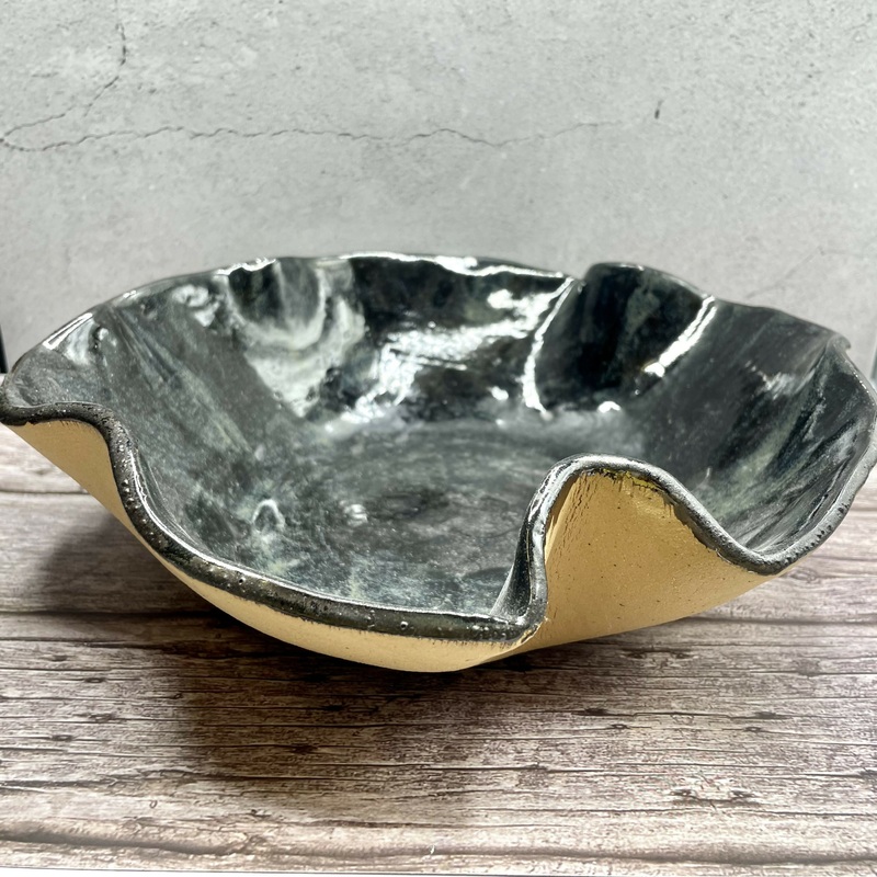 Wavy Ceramic Bowl  Black Glaze with Natural Ochre Underside