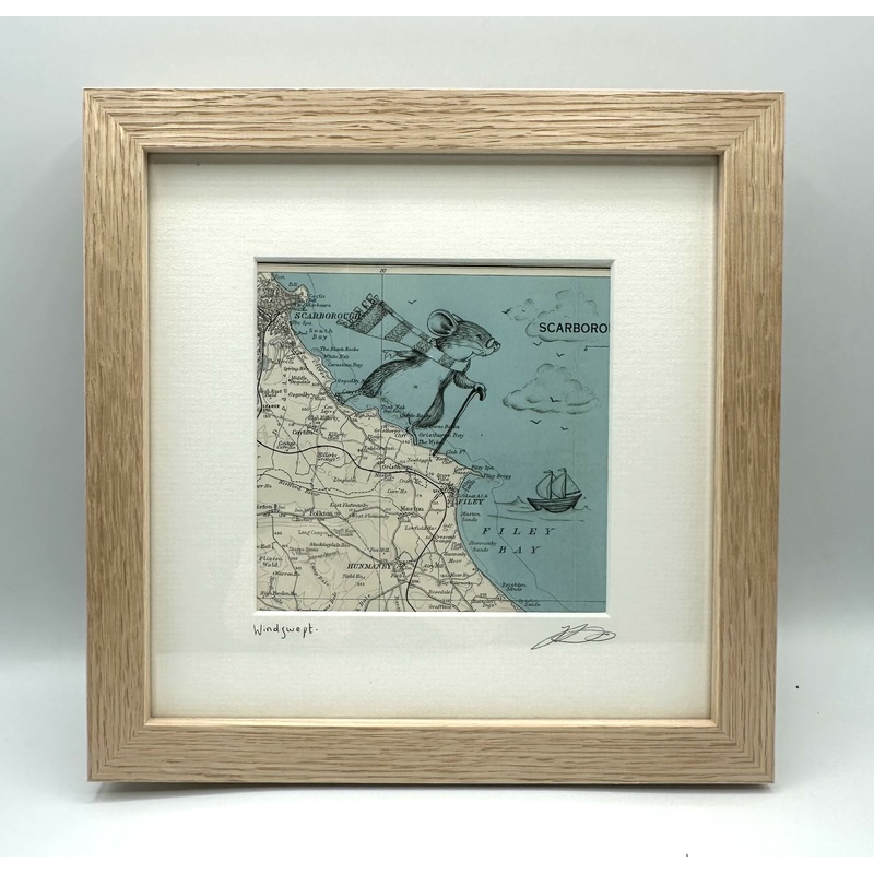 Windswept – Original pen drawing on vintage map ( Scarborough/Filey) by Jenny Davies